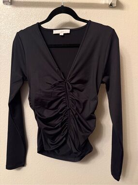 LOFT Black Ruched V-Neck Long Sleeve Top